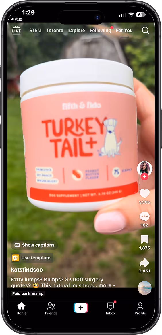 katsfindesco holding Fifth and Fido Turkey Tail+ supplement