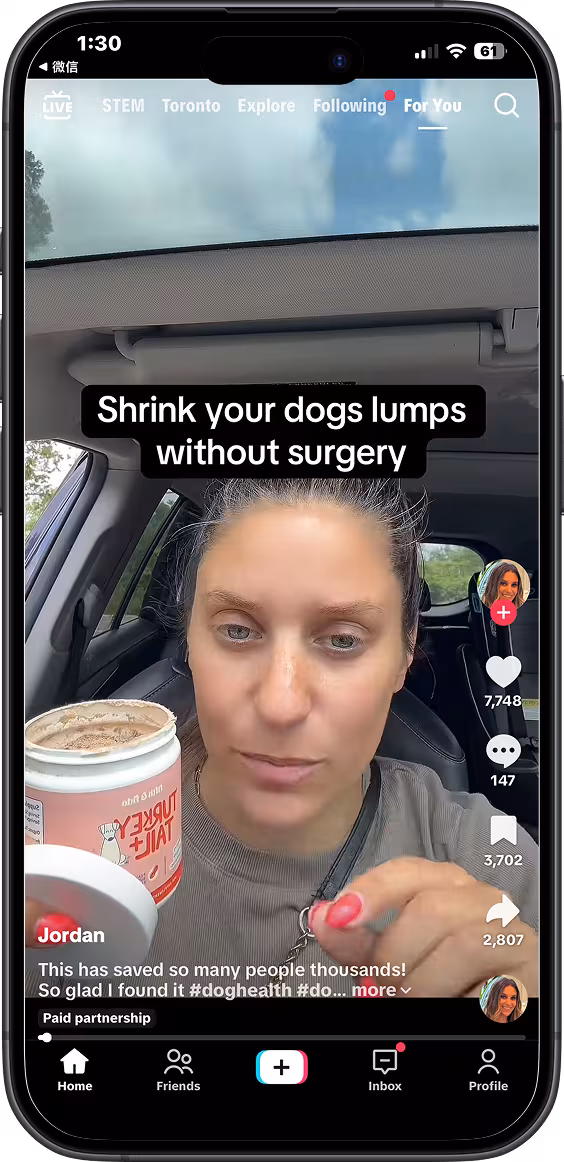 Jordan in car with text overlay: Shrink your dogs lumps without surgery